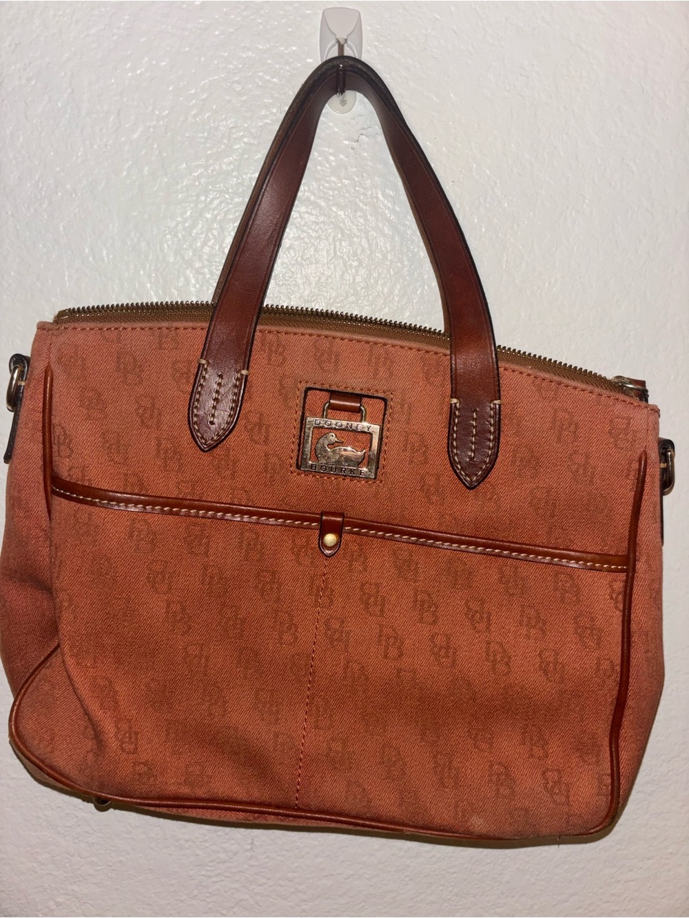 Dooney & Bourke Monogram Orange Canvas Mini Tote with Brown Leather Trim